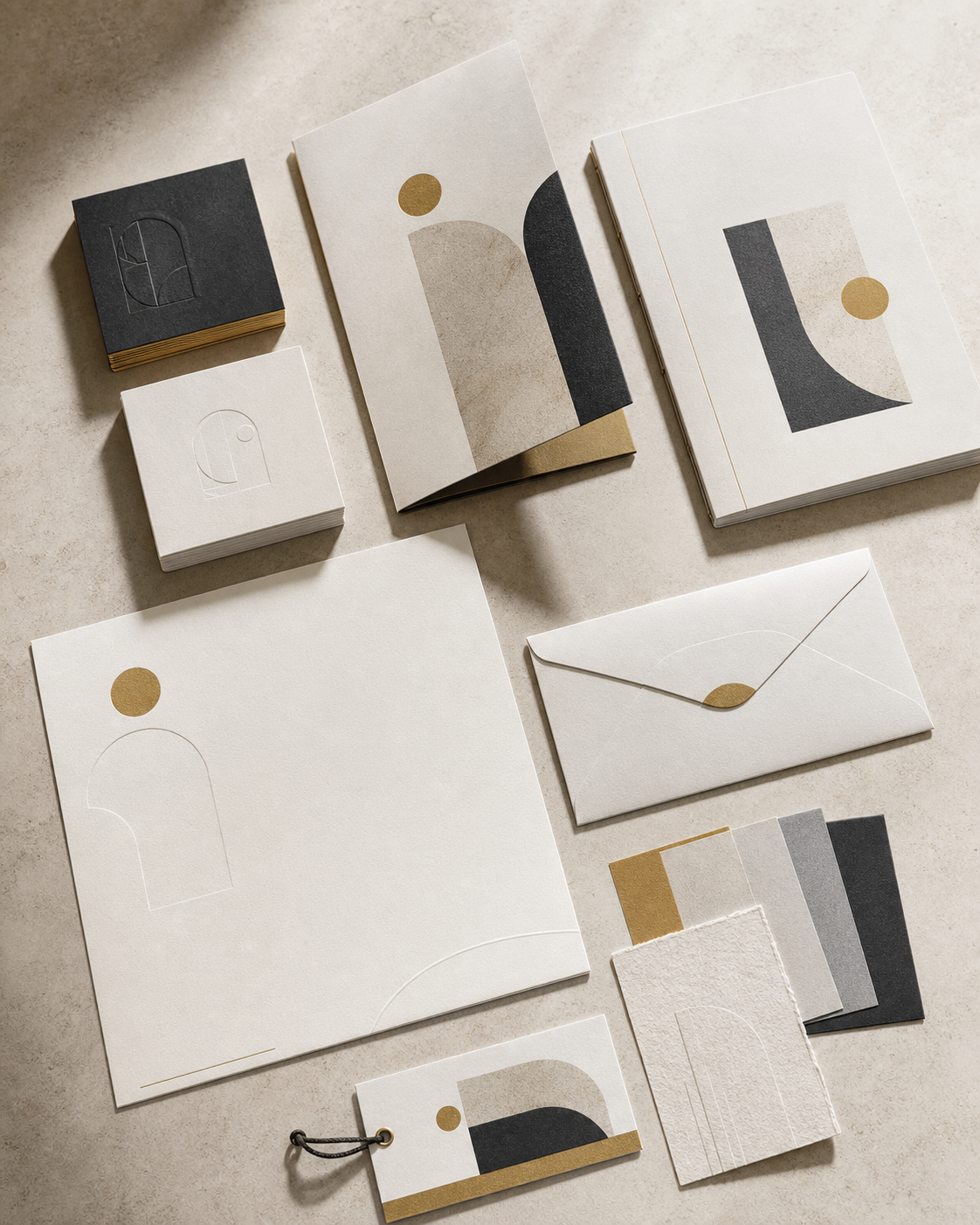 Ensemble coordonné de cartes, brochure, catalogue et papeterie aux tons ivoire, noir et doré